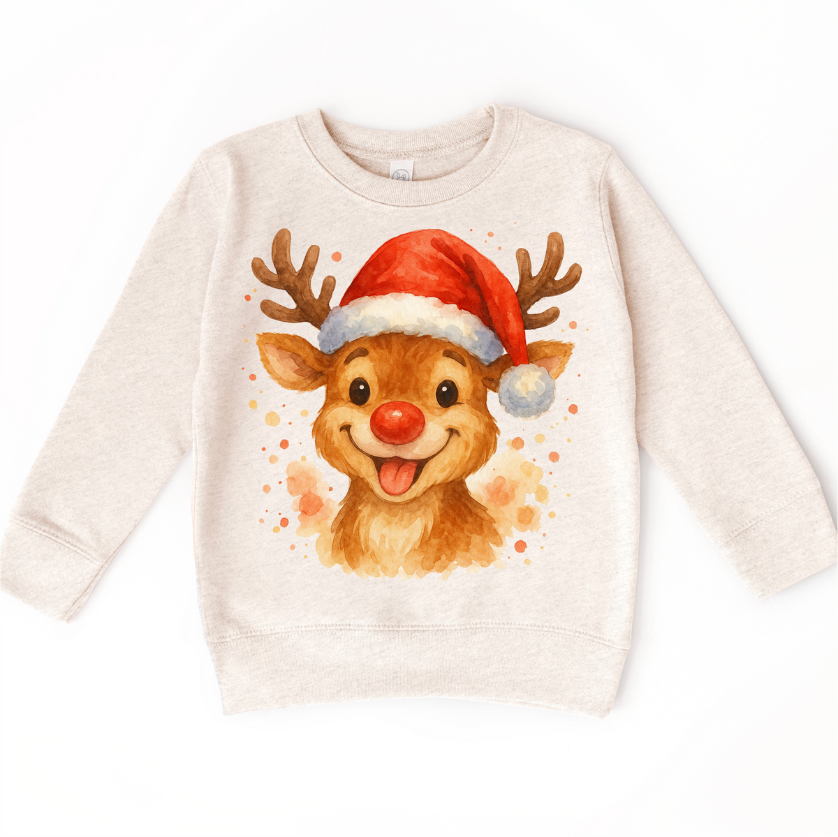 Christmas Rudolph The Reindeer Santa design on a natural sweatshirt.
