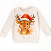 Christmas Rudolph The Reindeer Santa design on a natural sweatshirt.