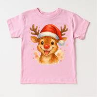 Christmas Rudolph The Reindeer Santa design on a pink garment.
