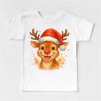 Christmas Rudolph The Reindeer Santa design on a white garment.