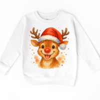 Christmas Rudolph The Reindeer Santa design on a white sweatshirt.