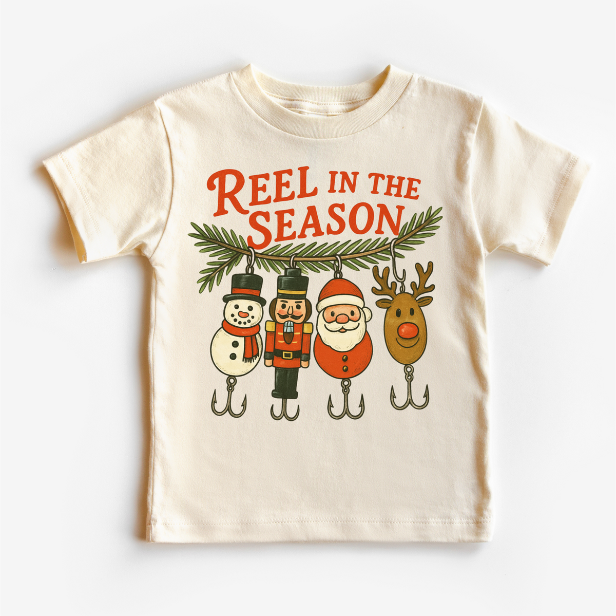 Reel In the Season Fishing Christmas Natural kids tee