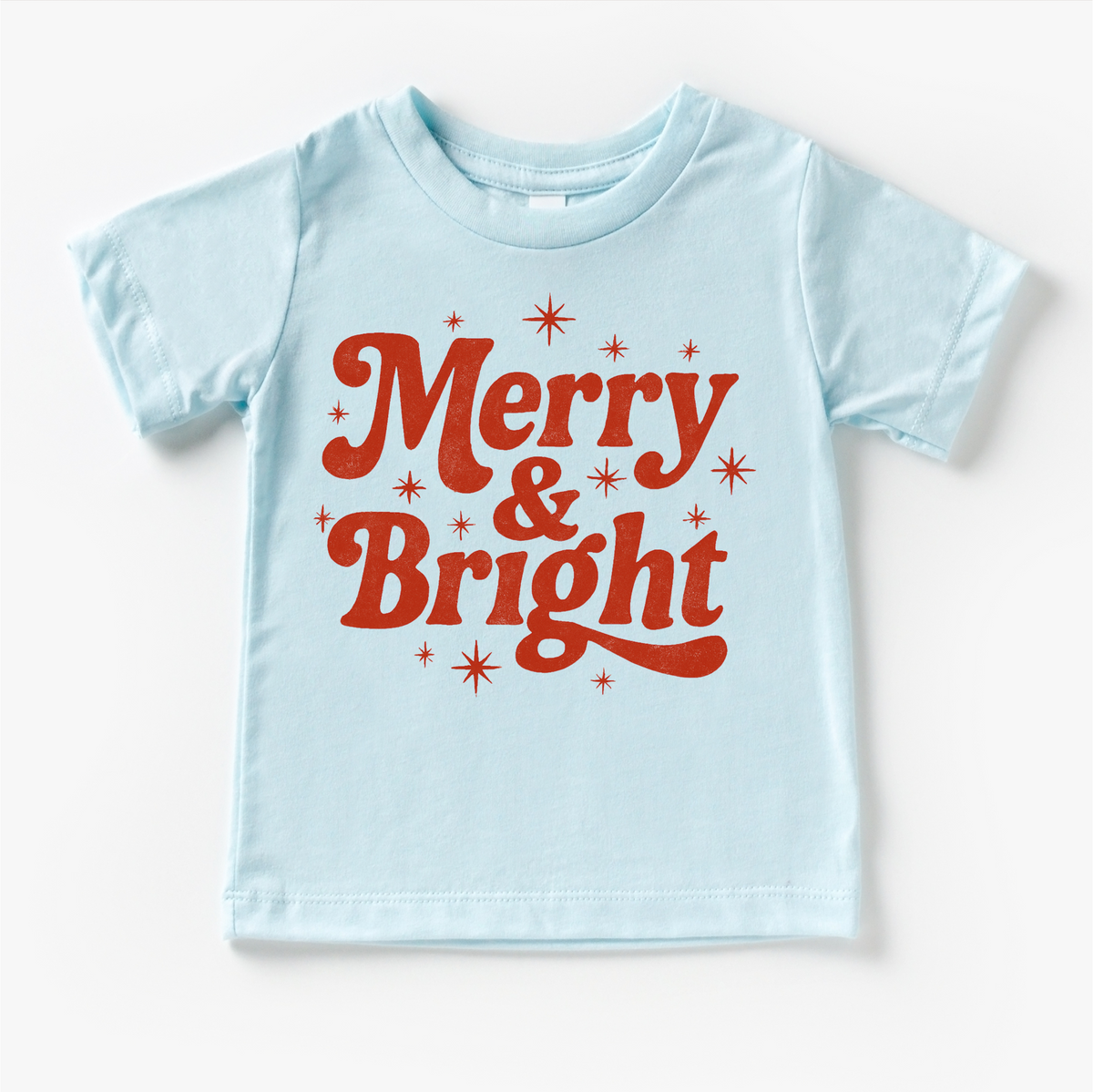 Merry And Bright Christmas design on a blue garment.