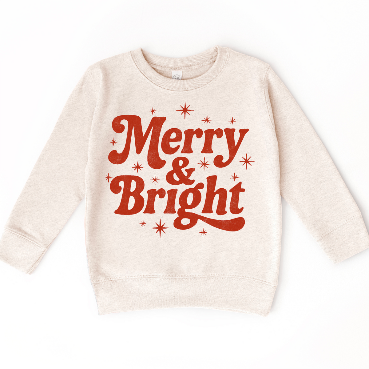 Merry And Bright Christmas design on a natural sweatshirt.