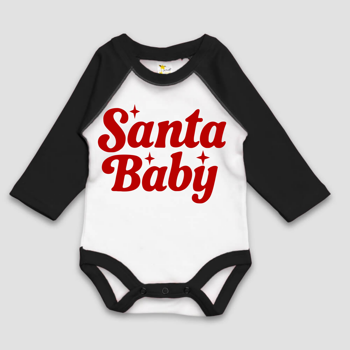 Santa Baby Christmas Long Sleeve Bodysuit design on a black baby bodysuit.