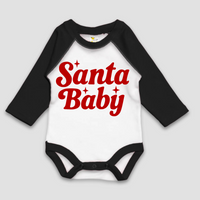 Santa Baby Christmas Long Sleeve Bodysuit design on a black baby bodysuit.