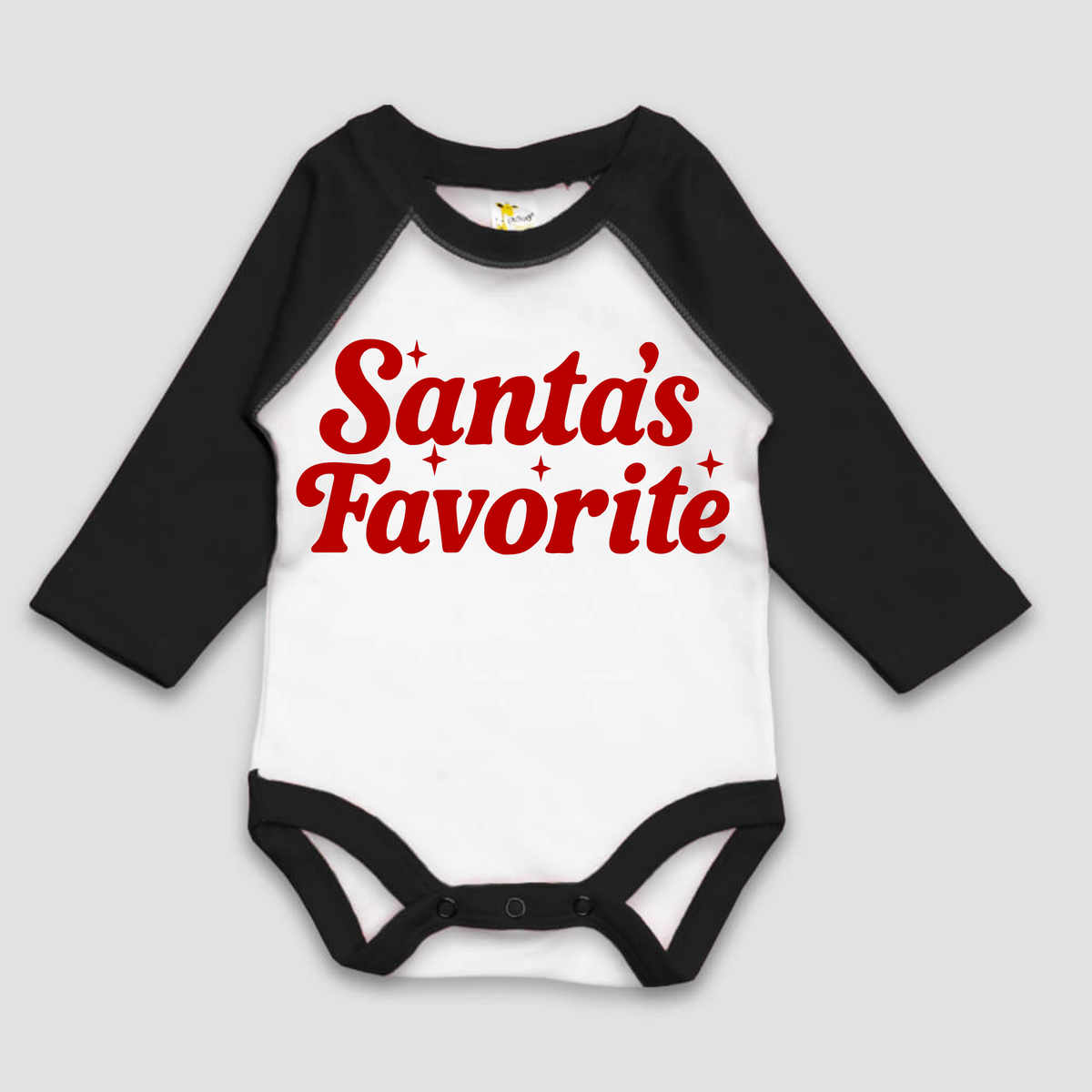 Santa's Favorite Infant Long Sleeve Bodysuit design on a black baby bodysuit.