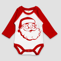 Vintage Santa Christmas Long Sleeve Bodysuit design on a red baby bodysuit.