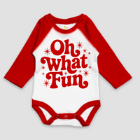 Oh What Fun Christmas Long Sleeve Onesie design on a red-accented shirt.