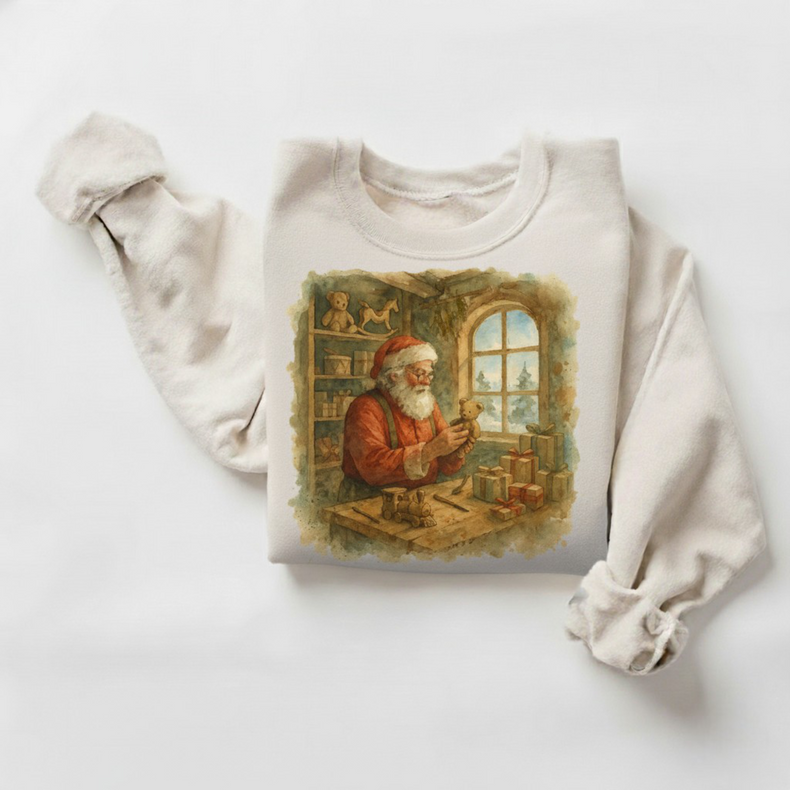 Santa's Workshop Christmas Sweatshirt - Retro Watercolor Style Sweater