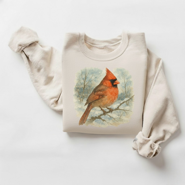 Retro Red Cardinal Winter Bird Watercolor Sweatshirt  - 90's Style Sweater