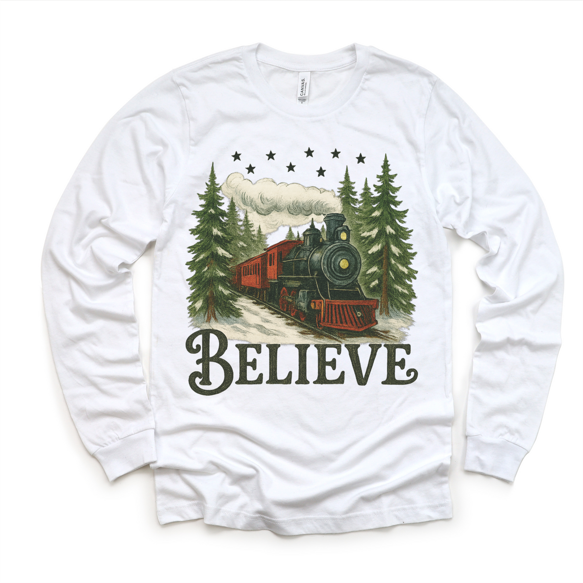 Vintage Train Christmas design on a long sleeve shirt.