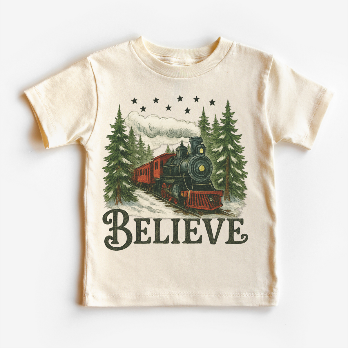 Vintage Train Christmas design on a natural garment.