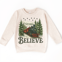 Vintage Train Christmas design on a natural sweatshirt.