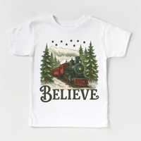 Vintage Train Christmas design on a white garment.