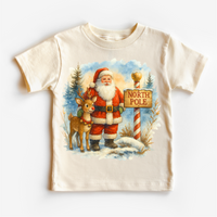 Santa and Rudolph North Pole Christmas design on a natural garment.