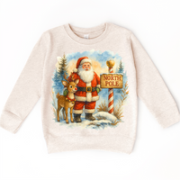 Santa and Rudolph North Pole Christmas design on a natural sweatshirt.
