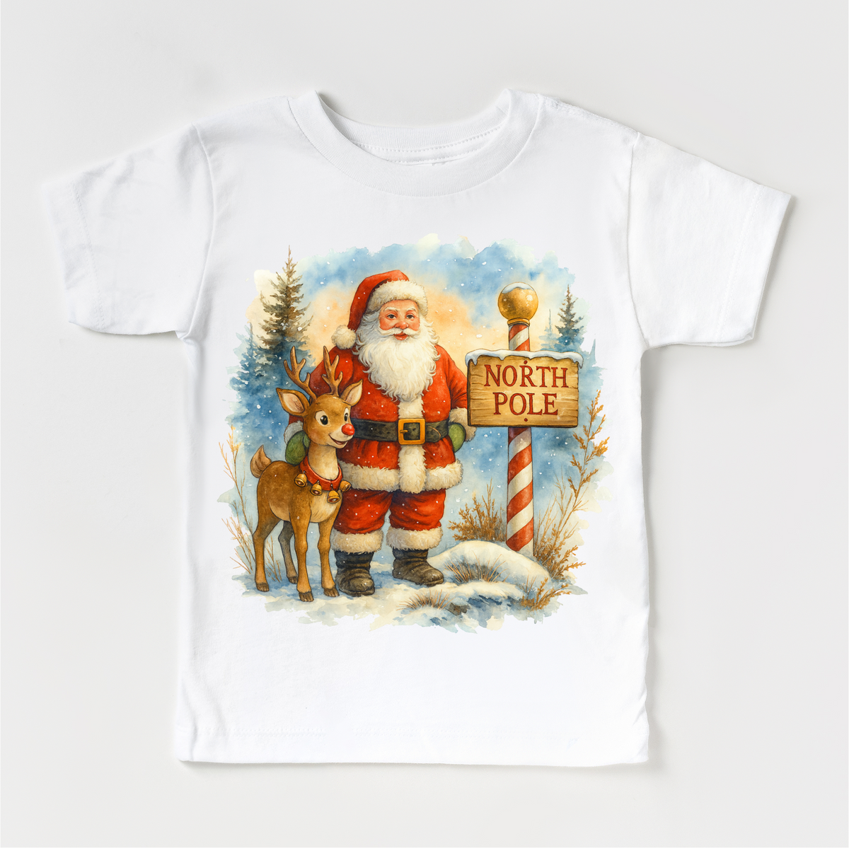 Santa and Rudolph North Pole Christmas design on a white garment.