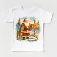 Santa and Rudolph North Pole Christmas design on a white garment.