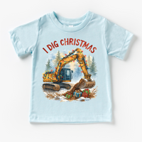 I Dig Christmas Excavator Christmas design on a blue garment.