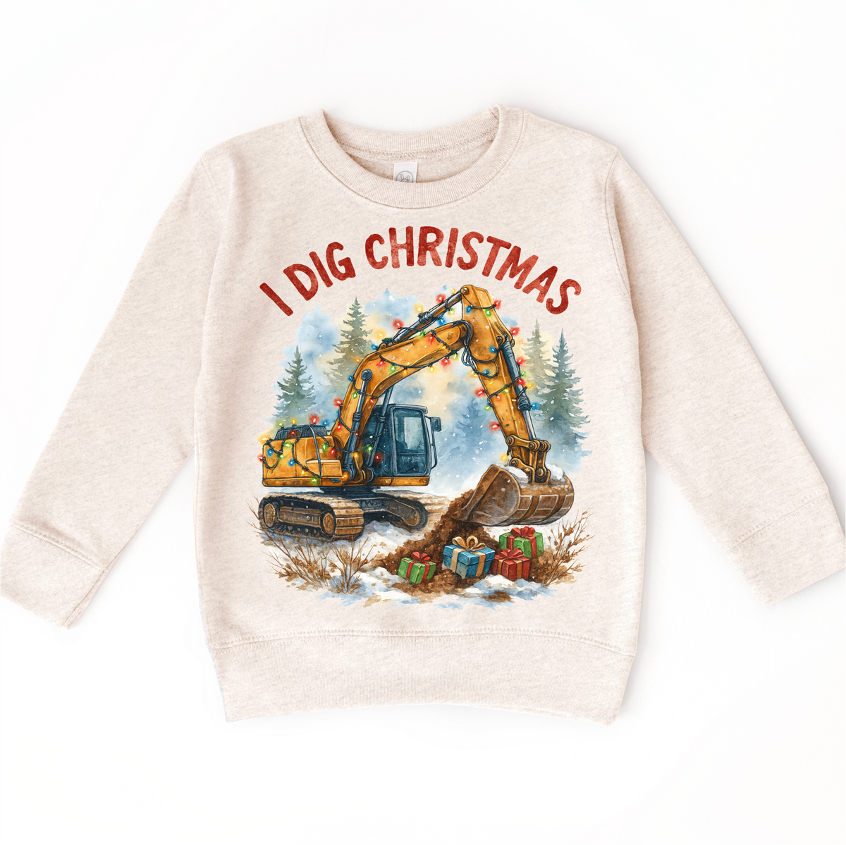I Dig Christmas Excavator Christmas design on a natural sweatshirt.