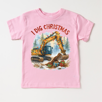 I Dig Christmas Excavator Christmas design on a pink garment.