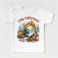 I Dig Christmas Excavator Christmas design on a white garment.