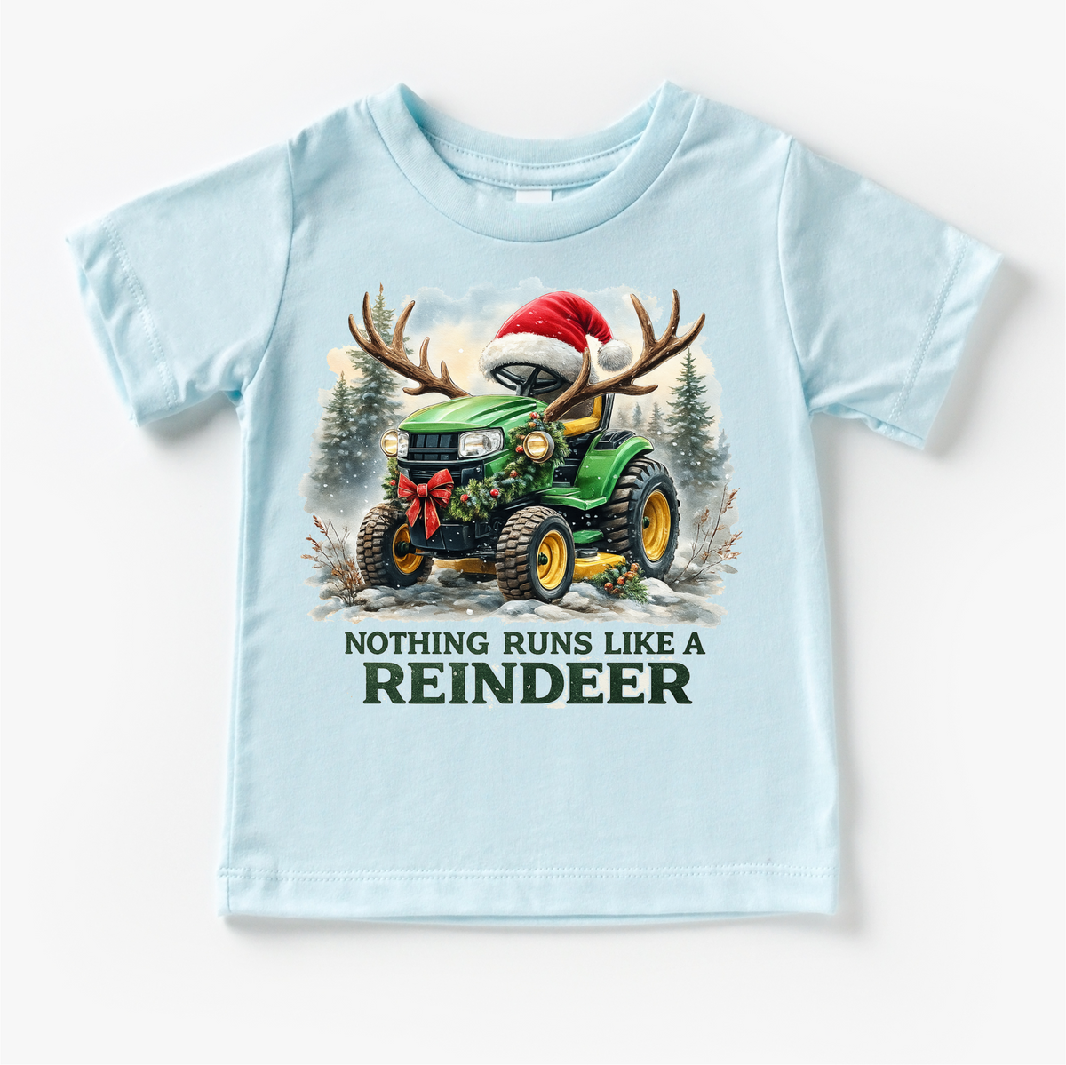 Nothing Runs Like A Reindeer Christmas Tractor design on a blue garment.