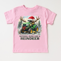 Nothing Runs Like A Reindeer Christmas Tractor design on a pink garment.