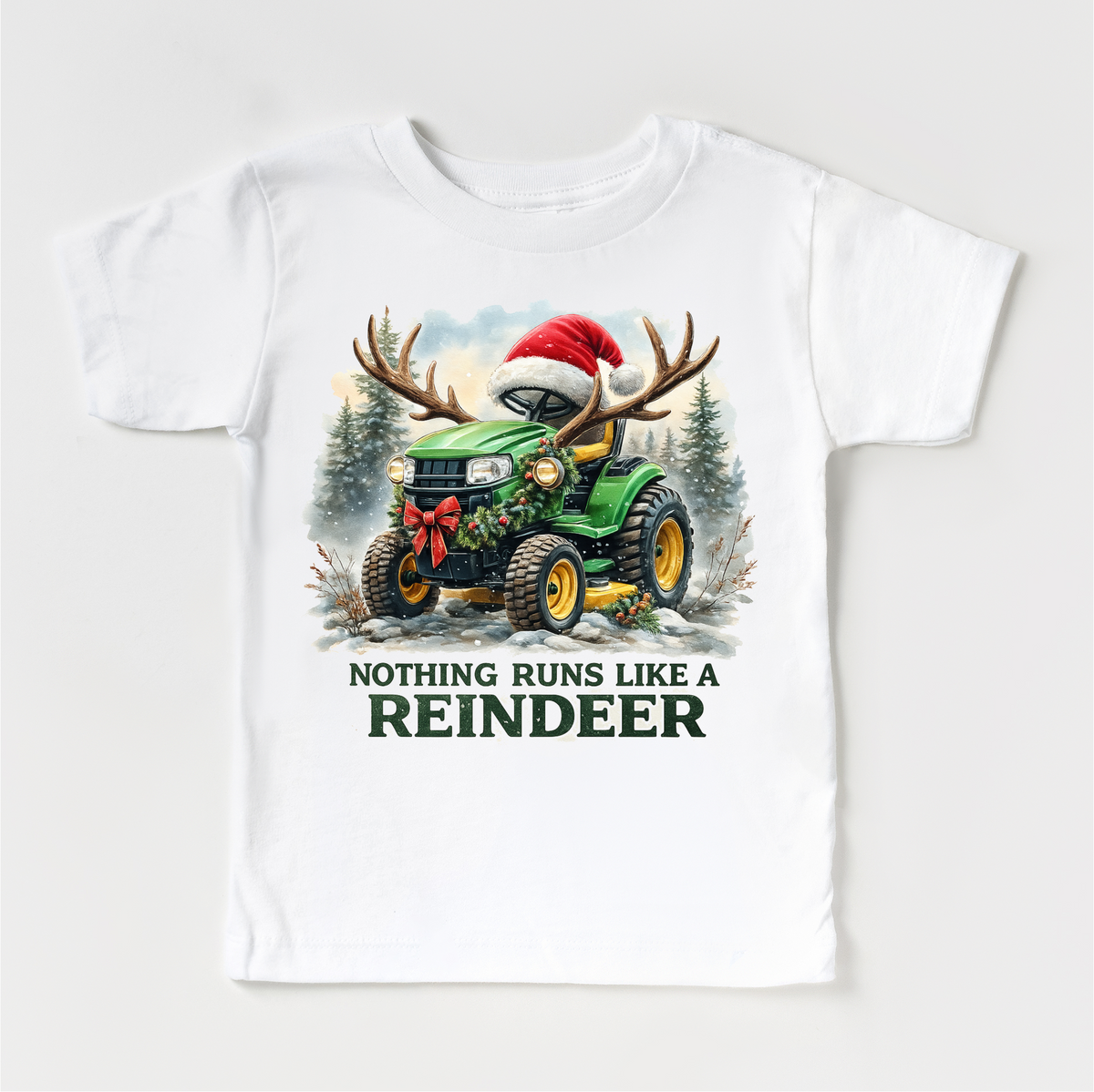 Nothing Runs Like A Reindeer Christmas Tractor design on a white garment.