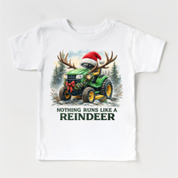 Nothing Runs Like A Reindeer Christmas Tractor design on a white garment.