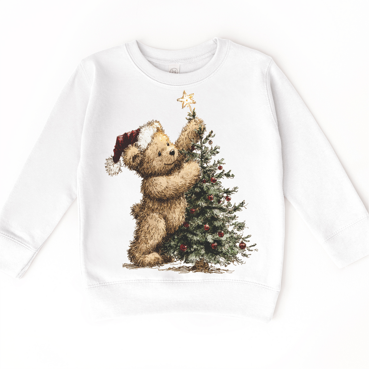 Santa and Rudolph North Pole Christmas design on a white sweatshirt.