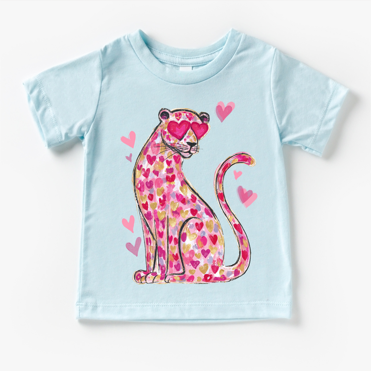 Pink Leopard With Heart Eyes Valeintine's Day Shirt -  Girls Valeintine Tee