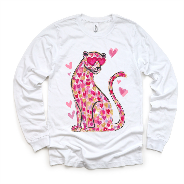 Pink Leopard With Heart Eyes Valeintine's Day Shirt -  Girls Valeintine Tee