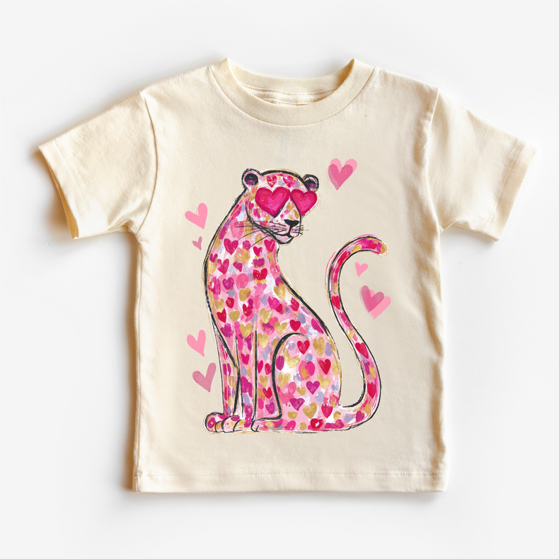 Pink Leopard With Heart Eyes Valeintine's Day Shirt -  Girls Valeintine Tee