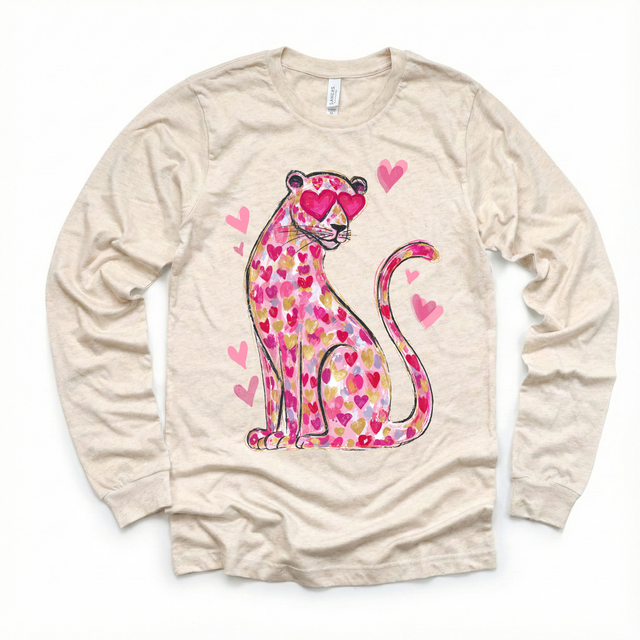 Pink Leopard With Heart Eyes Valeintine's Day Shirt -  Girls Valeintine Tee