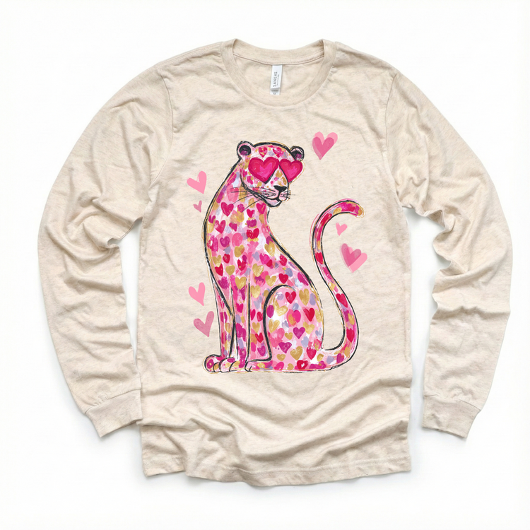 Pink Leopard With Heart Eyes Valeintine's Day Shirt -  Girls Valeintine Tee