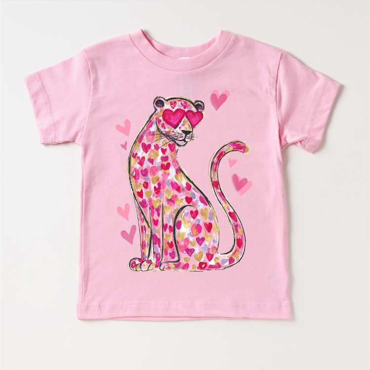 Pink Leopard With Heart Eyes Valeintine's Day Shirt -  Girls Valeintine Tee