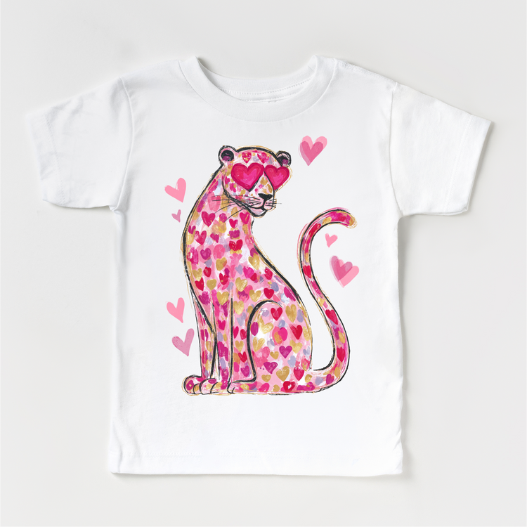 Pink Leopard With Heart Eyes Valeintine's Day Shirt -  Girls Valeintine Tee