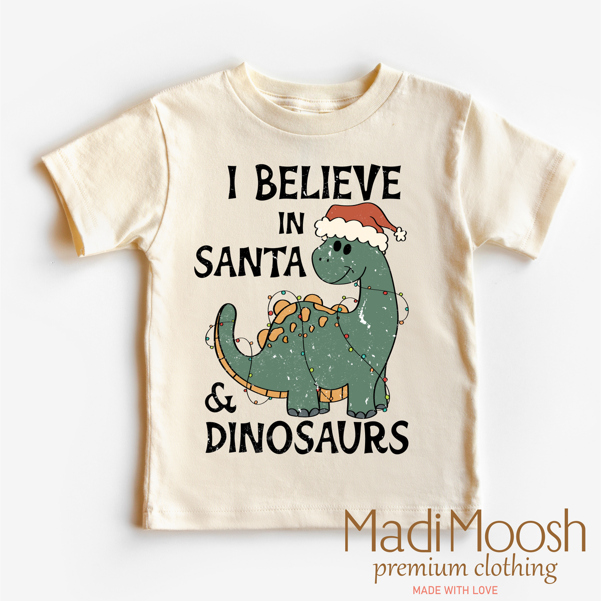 I Believe In Santa And Dinosaurs Christmas graphic T-shirt by Madi Moosh
