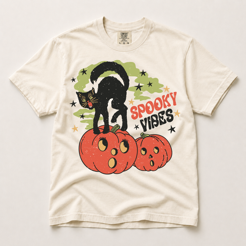 Spooky Vibes black cat Halloween shirt in ivory