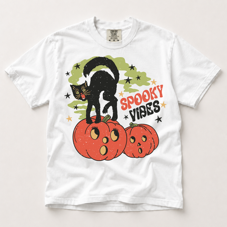 Spooky Vibes black cat Halloween shirt in white