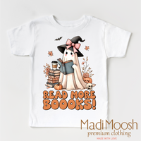 Read More Boooks design on a white garment.