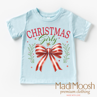 Christmas Girly Bow design on a blue garment.