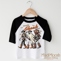 Howdy Ghouls Western design on a black-accented shirt.