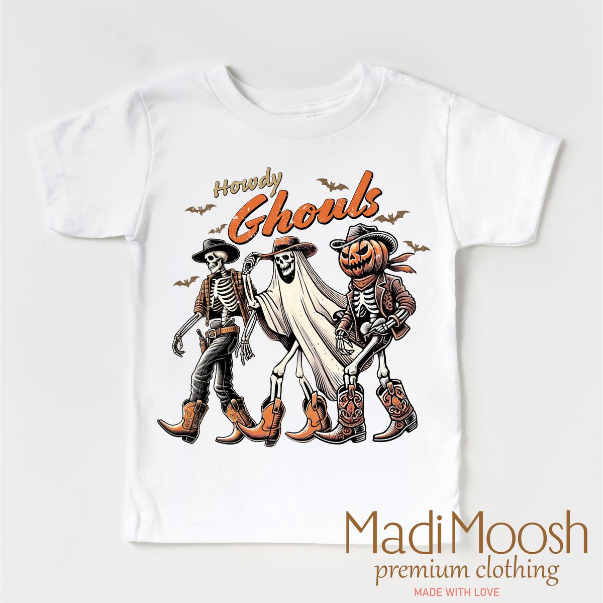 Howdy Ghouls Western design on a white garment.