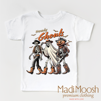 Howdy Ghouls Western design on a white garment.
