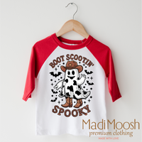 Boot Scootin' Spooky design on a red-accented shirt.