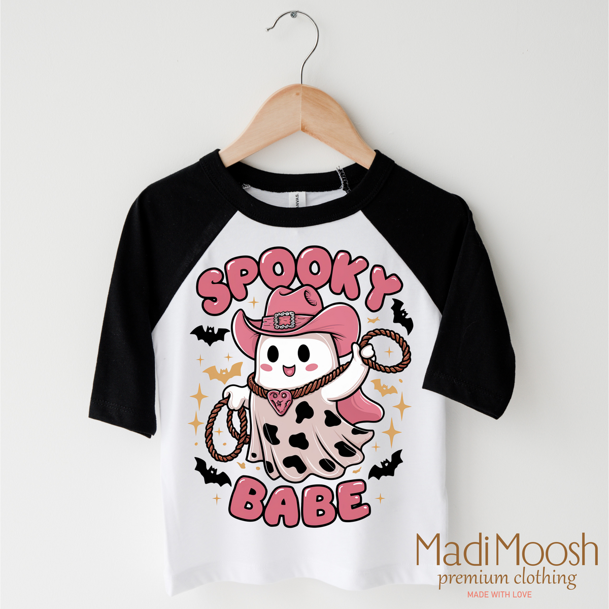 Spooky Babe design on a black-accented shirt.