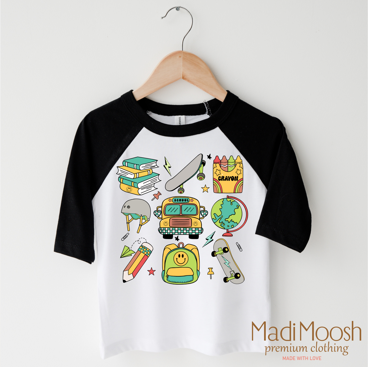 Boys Cute School design on a black-accented shirt.
